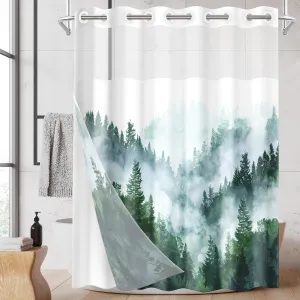 No Hook Green Misty Forest Shower Curtain with Snap in Fabric Liner, Ombre Sage Green Nature Tree Mountain Woodland Double Layers Waterproof with See Through Top Window Bath Curtain 71x74 Inch