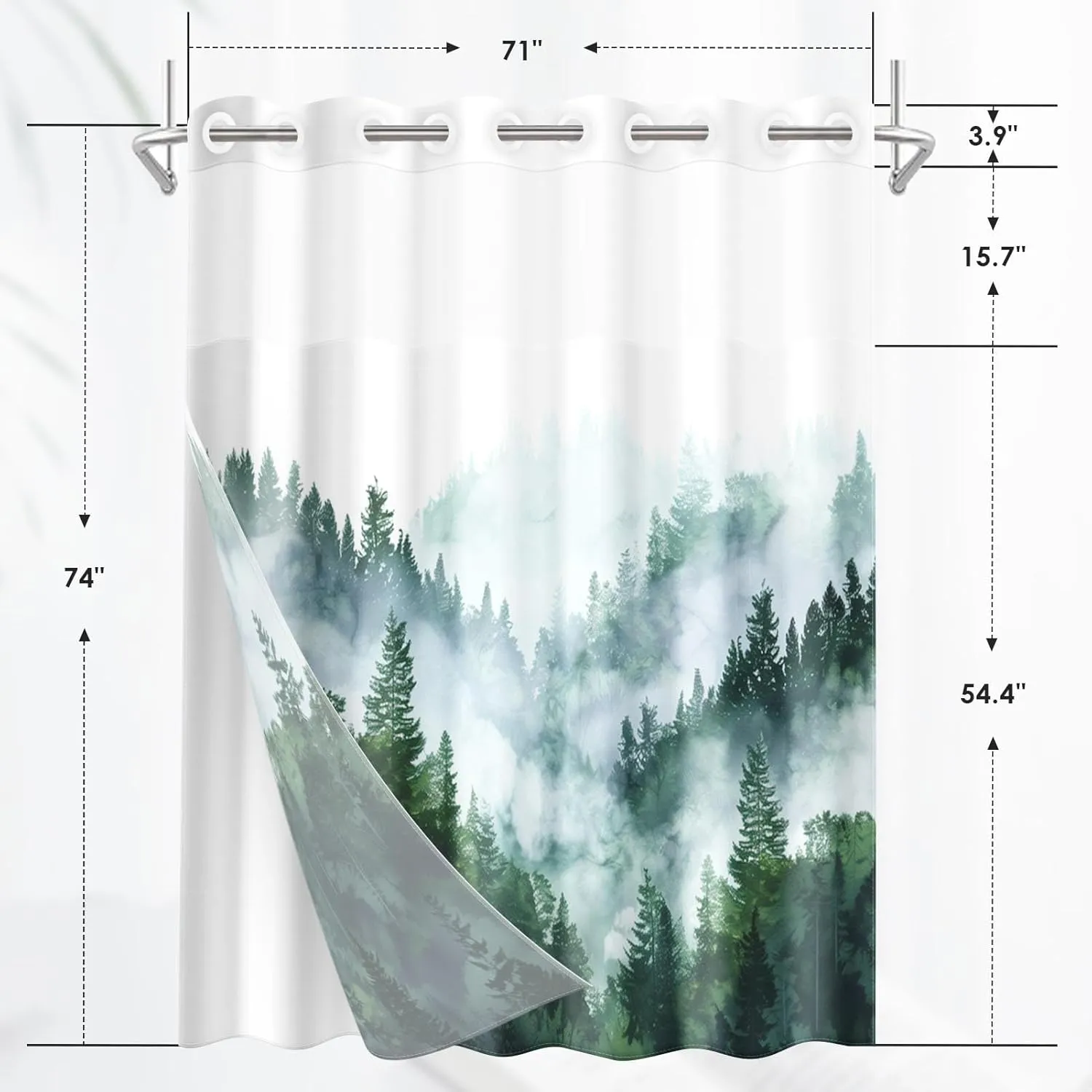 No Hook Green Misty Forest Shower Curtain with Snap in Fabric Liner, Ombre Sage Green Nature Tree Mountain Woodland Double Layers Waterproof with See Through Top Window Bath Curtain 71x74 Inch