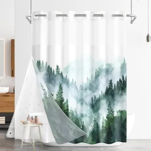 No Hook Misty Forest Shower Curtain with Snap-in PEVA Liner Set, Ombre Sage Green Nature Tree Mountain Hotel Style with See Through Top Window Double Layers Waterproof Bath Curtain 71x74 Inch