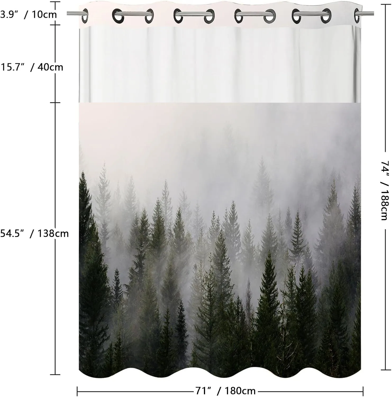 No Hook Shower Curtain Set with Snap-in Fabric Liner,Nature Misty Forest Without Hook Shower Curtain with Transparent Mesh Top Window for Bathroom Waterproof & Washable 71" x 74"