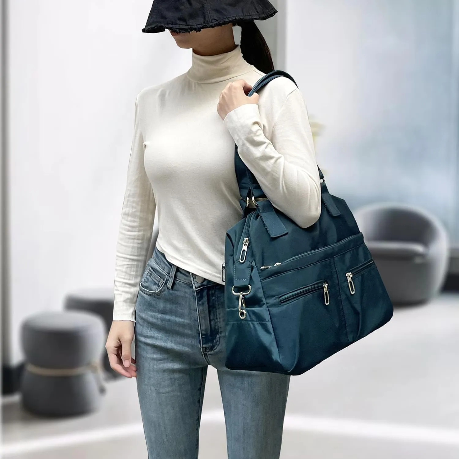 Nylon Tote Bag for Women Shoulder Tote Bag with Zipper Waterproof Nylon Purse and Handbags Lightweight Hobo Bag