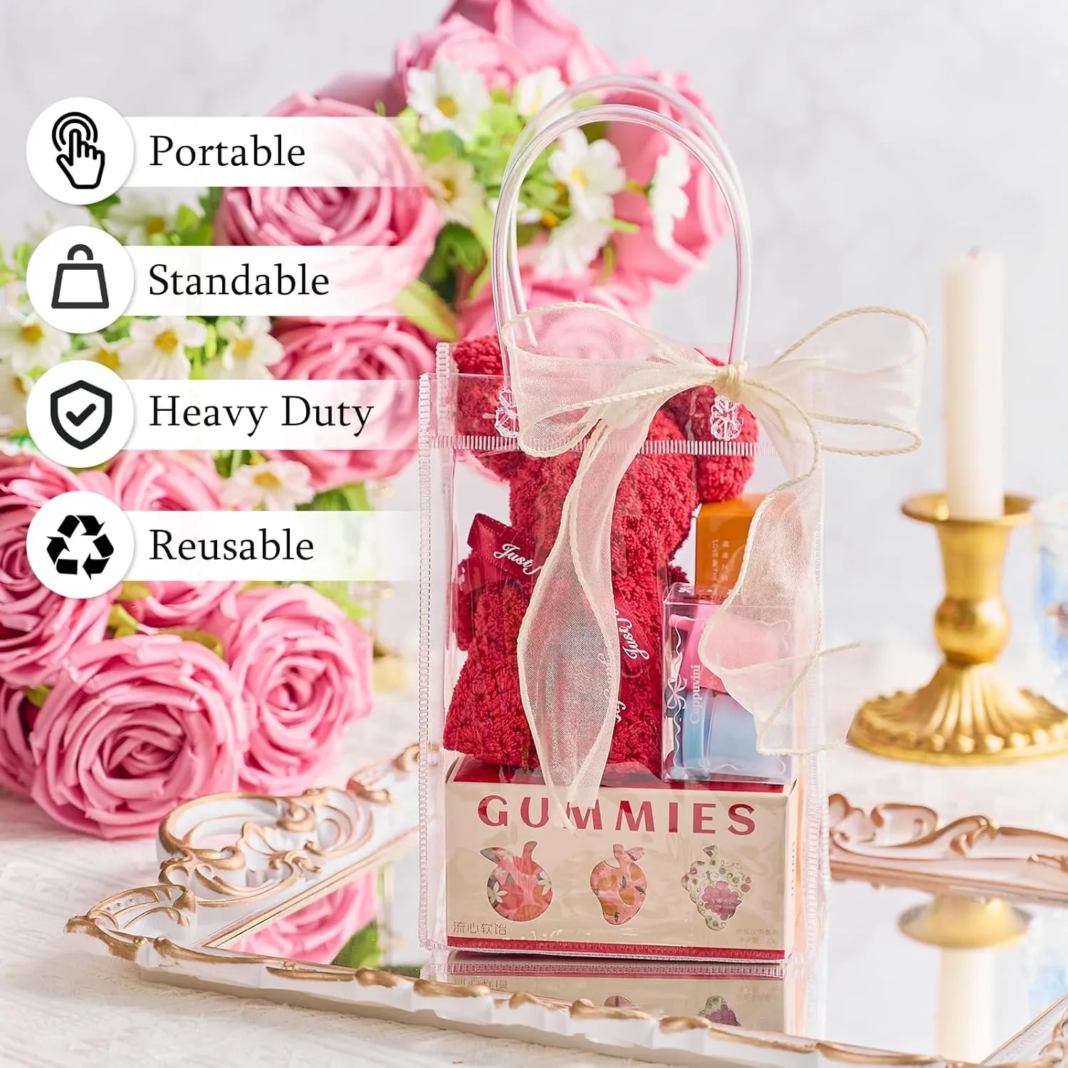 Ohuimrt 30 PCS Clear Plastic Gift Bags with Handles, Reusable Party Favor Bags with Ribbon Transparent Gift Wrap Bags Bulk for Weddings Birthdays, 4.9 x 7.5 x 3.15 Inches