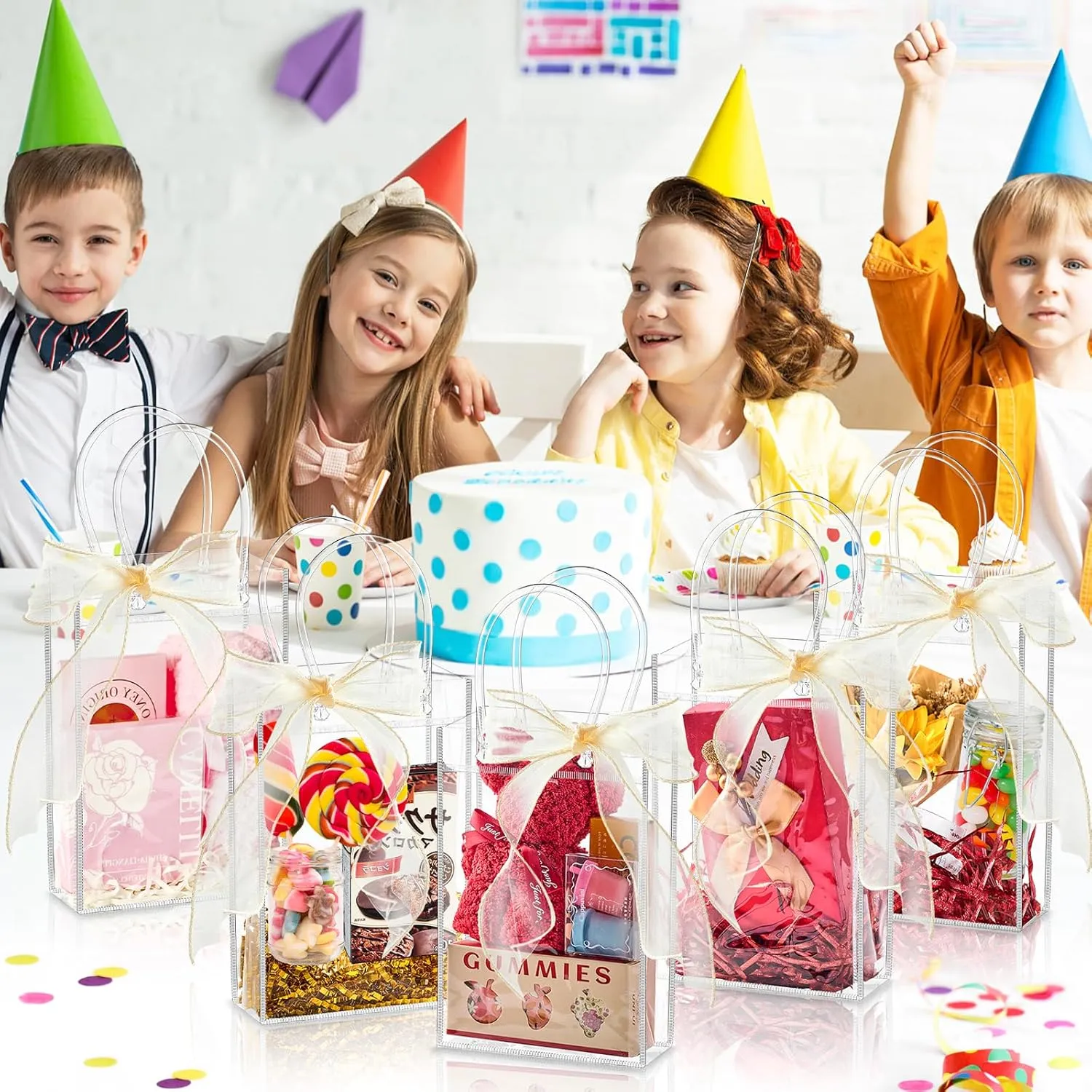 Ohuimrt 30 PCS Clear Plastic Gift Bags with Handles, Reusable Party Favor Bags with Ribbon Transparent Gift Wrap Bags Bulk for Weddings Birthdays, 4.9 x 7.5 x 3.15 Inches