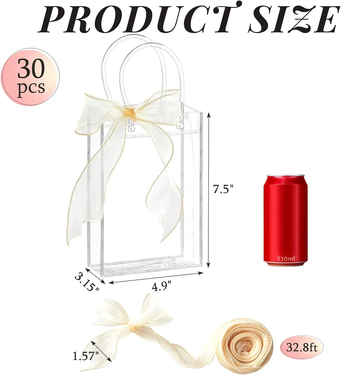 Ohuimrt 30 PCS Clear Plastic Gift Bags with Handles, Reusable Party Favor Bags with Ribbon Transparent Gift Wrap Bags Bulk for Weddings Birthdays, 4.9 x 7.5 x 3.15 Inches