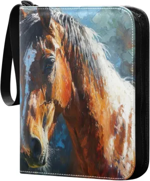 Oil Painting Horse Card Binder 4-Pocket, 400 Pockets Card Holder with 50 Removable Sleeves and Zipper for Games Baseball Football Sports Card
