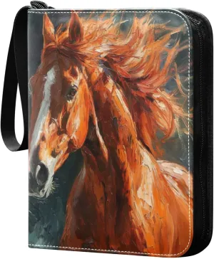 Oil Painting Horse Card Binder 4-Pocket, 400 Pockets Card Holder with 50 Removable Sleeves and Zipper for Games Baseball Football Sports Card