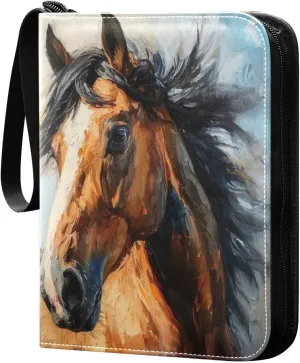 Oil Painting Horse Card Binder 4-Pocket, 400 Pockets Card Holder with 50 Removable Sleeves and Zipper for Games Baseball Football Sports Card