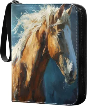 Oil Painting Horse Card Binder 4-Pocket, 400 Pockets Trading Cards Holder Games Card Albums Storage Organizer Case for Football, Baseball Cards