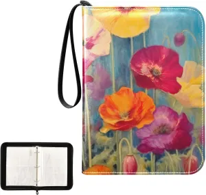 Oil Painting Poppies Card Binder 4-Pocket, 400 Pockets Trading Cards Holder Games Card Albums Storage Organizer Case for Football, Baseball Cards