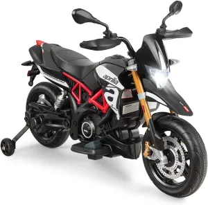 OLAKIDS 12V Kids Ride on Motorcycle, Aprilia Licensed Electric Motor with Training Wheels, Spring Suspension, Music, Horn, LED Lights, Battery Powered Toy for Toddler Boys Girls (Black)