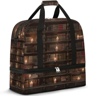 Old Bookshelf Foldable Travel Duffel Bag Overnight Weekender Bags with Shoes Compartment Sports Gym Bags for Men Women