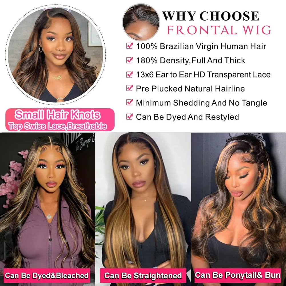 Ombre Lace Front Wig Human Hair 13x6 Body Wave 1B/30 Highlight Lace Front Wig Human Hair 180% Density HD Transparent Lace Frontal Wigs Human Hair Colored Balayage Wig for Black Women 30 Inch