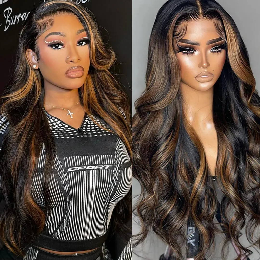 Ombre Lace Front Wig Human Hair 13x6 Body Wave 1B/30 Highlight Lace Front Wig Human Hair 180% Density HD Transparent Lace Frontal Wigs Human Hair Colored Balayage Wig for Black Women 30 Inch