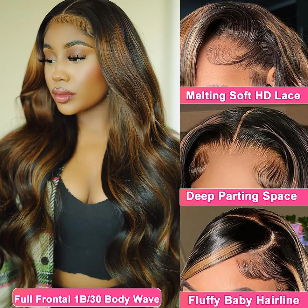 Ombre Lace Front Wig Human Hair 13x6 Body Wave 1B/30 Highlight Lace Front Wig Human Hair 180% Density HD Transparent Lace Frontal Wigs Human Hair Colored Balayage Wig for Black Women 30 Inch