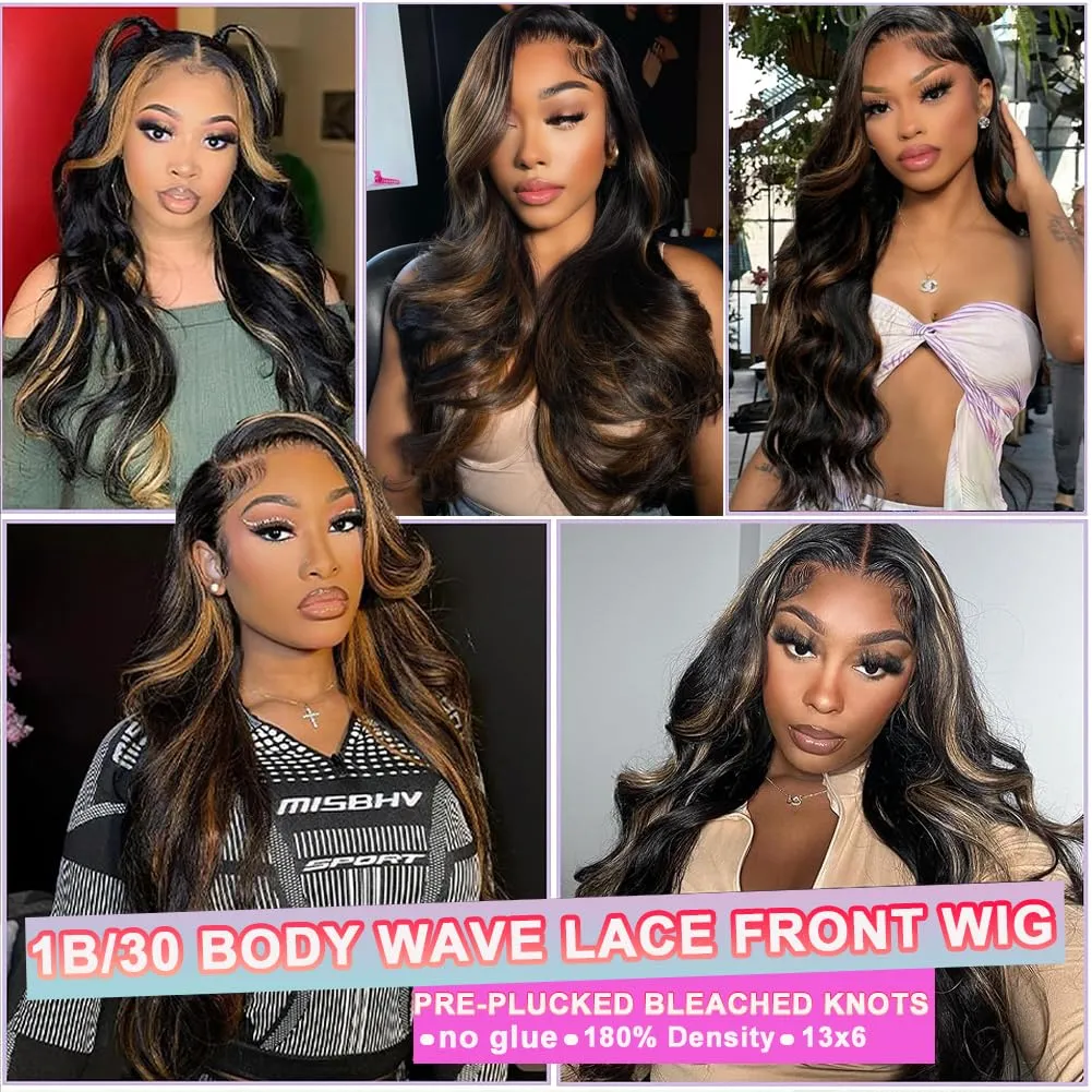 Ombre Lace Front Wig Human Hair 13x6 Body Wave 1B/30 Highlight Lace Front Wig Human Hair 180% Density HD Transparent Lace Frontal Wigs Human Hair Colored Balayage Wig for Black Women 30 Inch