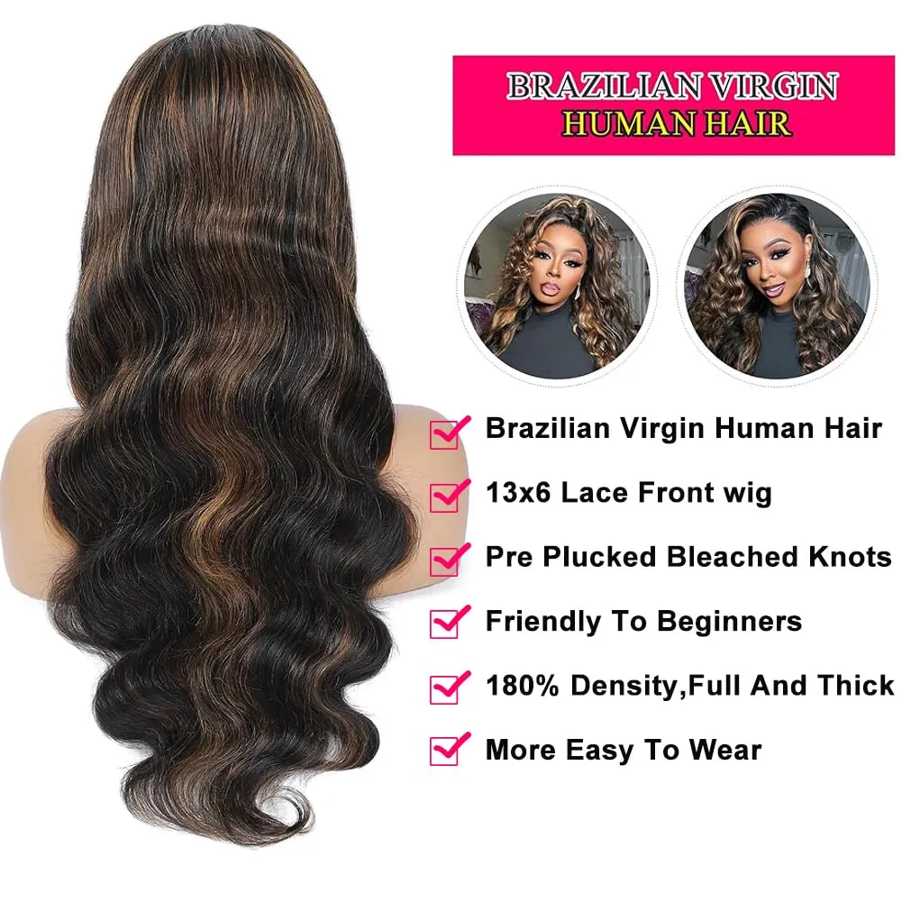 Ombre Lace Front Wig Human Hair 13x6 Body Wave 1B/30 Highlight Lace Front Wig Human Hair 180% Density HD Transparent Lace Frontal Wigs Human Hair Colored Balayage Wig for Black Women 30 Inch