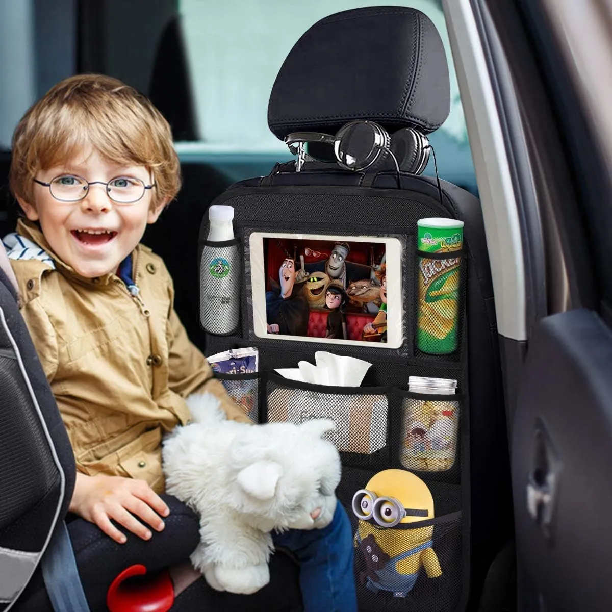 ONE PIX Backseat Car Organizer Mats Back Seat Organizers and Storage Bag with Touch Screen Tablet Holder for Kids Toddlers Seats, Travel Accessories, Road Trip Essentials (2PCS)