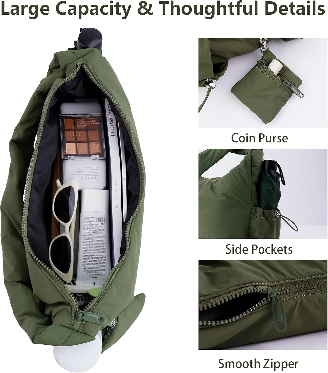 ORAD Nylon Shoulder Bag for Women Puffer Nylon Hobo Purse Lightweight Large Nylon Hobo Handbag Nylon Crescent Bag with Zipper