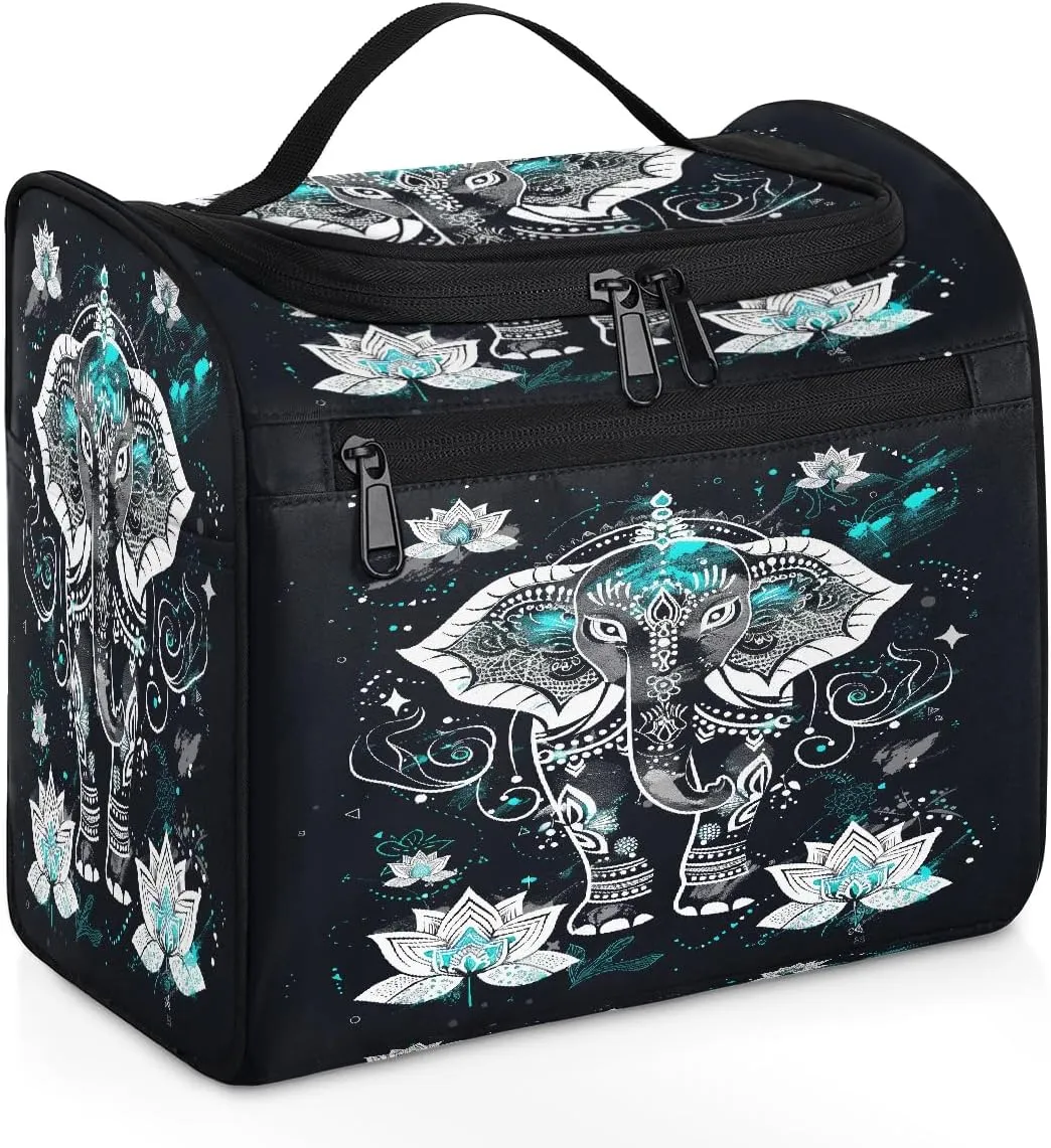 OSAM SPACE Elephant Hanging Toiletry Bag for Women Men, Lotus Flowers Large Capacity Travel Cosmetic Bag Makeup Organizer for Shampoo Bathroom Shower