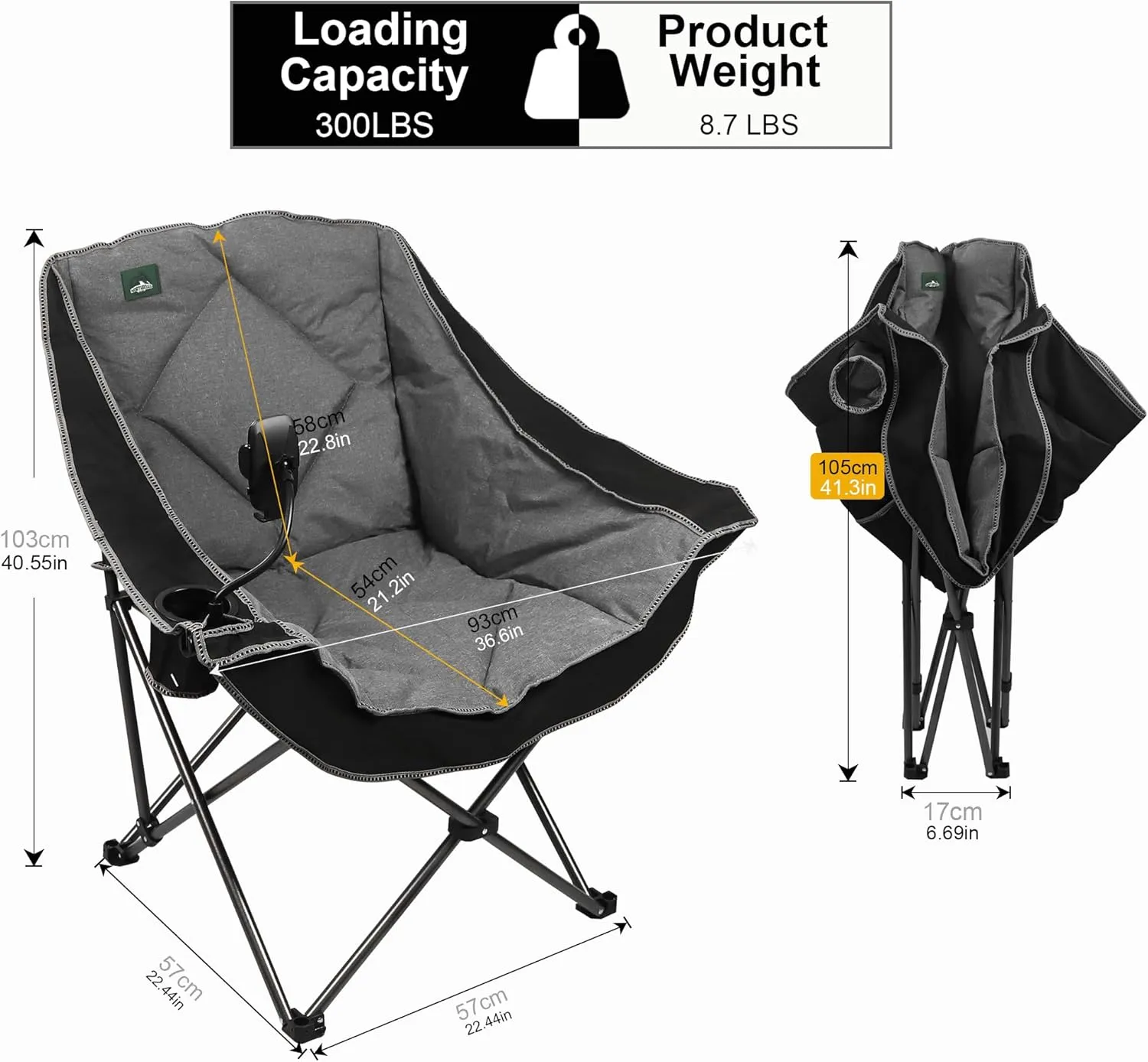 Oversized Foldable Camping Chair with Cell Phone Holder,Outdoor Padded Lawn Chair w/Cup Holder,Carry Bag for Beach, Hiking, and Picnics,Heavy-Duty 300-lbs Capacity, Black