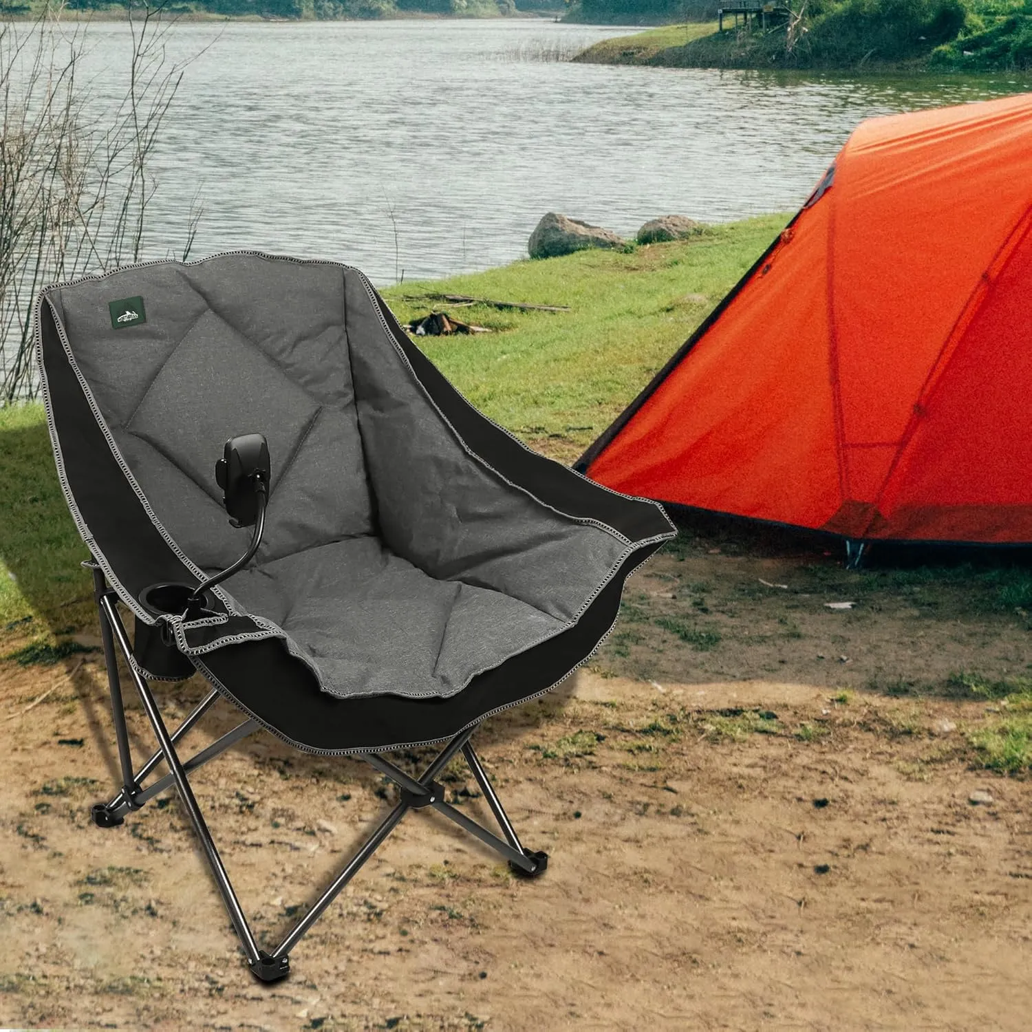 Oversized Foldable Camping Chair with Cell Phone Holder,Outdoor Padded Lawn Chair w/Cup Holder,Carry Bag for Beach, Hiking, and Picnics,Heavy-Duty 300-lbs Capacity, Black