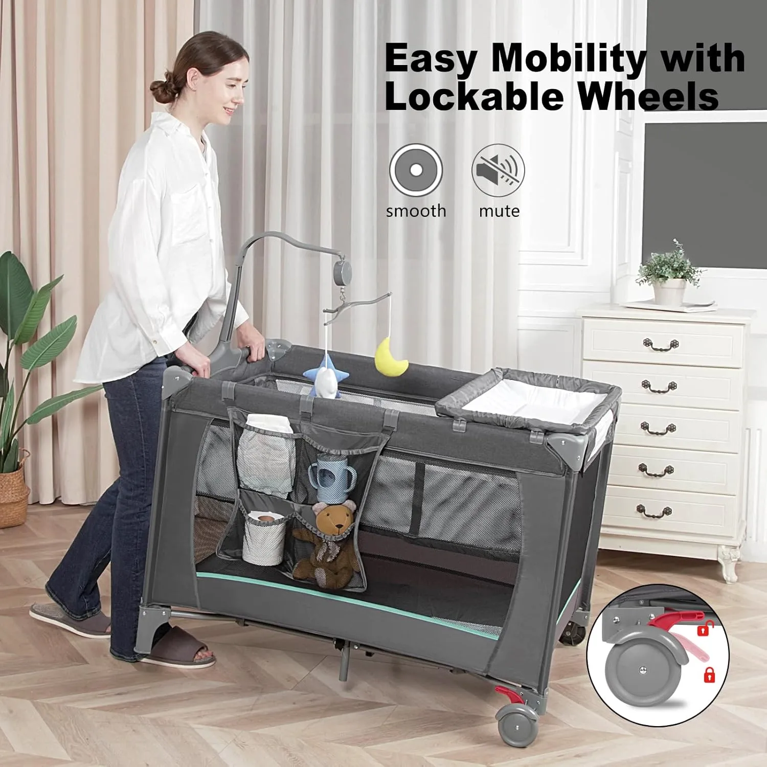 Pack and Play,Portable Baby Crib with Changing Table | Foldable Travel Crib & Playpen | JPMA Certified Safe Design | Breathable Mesh   Washable | Carry Bag Included (B-Grey)