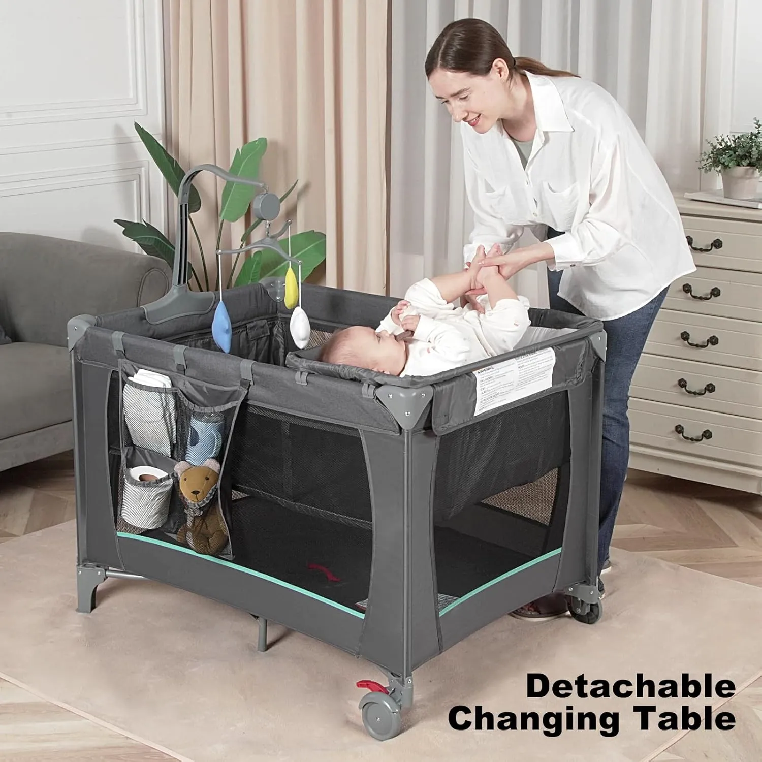 Pack and Play,Portable Baby Crib with Changing Table | Foldable Travel Crib & Playpen | JPMA Certified Safe Design | Breathable Mesh   Washable | Carry Bag Included (B-Grey)