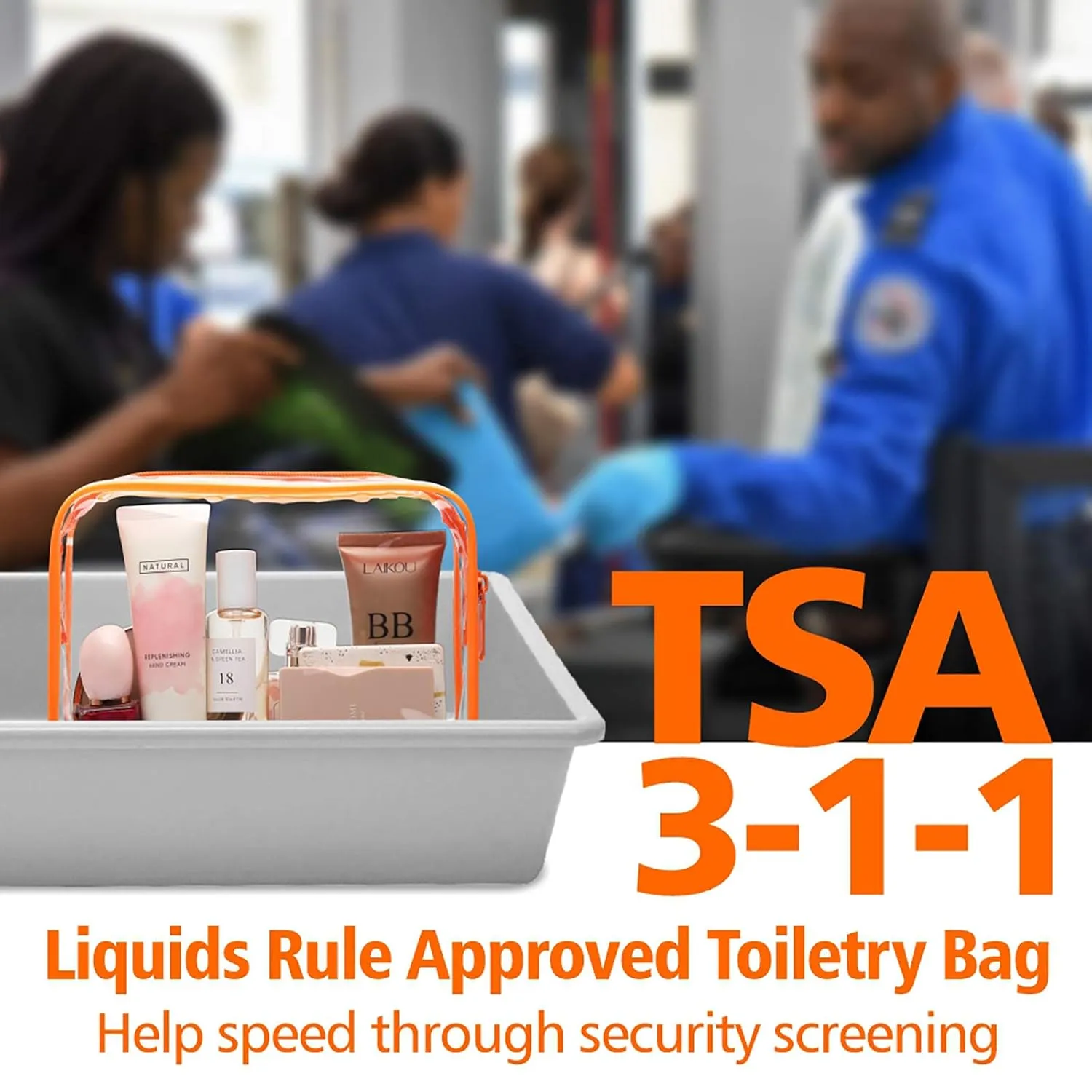 PACKISM Clear Makeup Bag with Zipper, 3 Pack TSA Approved Toiletry Bag, Beauty Cosmetic Bag, Quart Size Travel Bag, Carry-on Airport Airline Compliant Bag, Orange