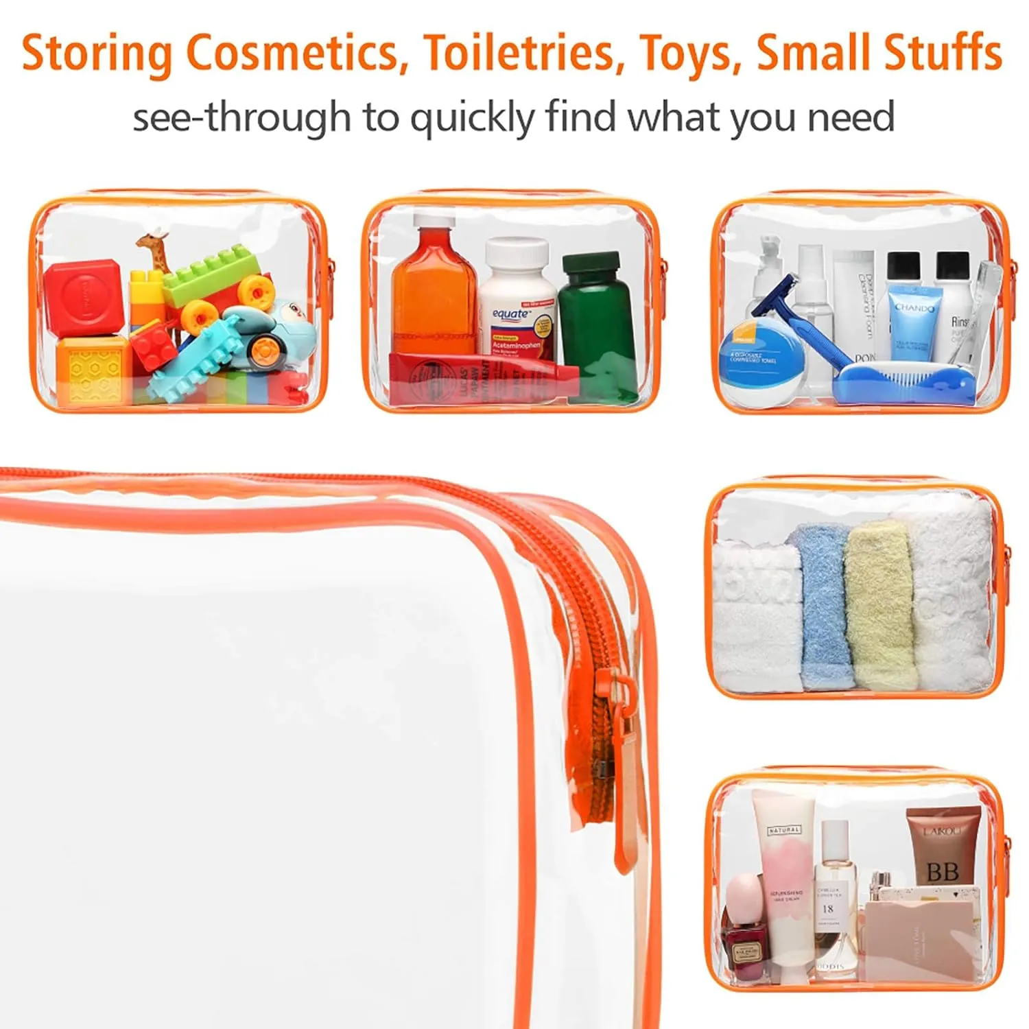 PACKISM Clear Makeup Bag with Zipper, 3 Pack TSA Approved Toiletry Bag, Beauty Cosmetic Bag, Quart Size Travel Bag, Carry-on Airport Airline Compliant Bag, Orange