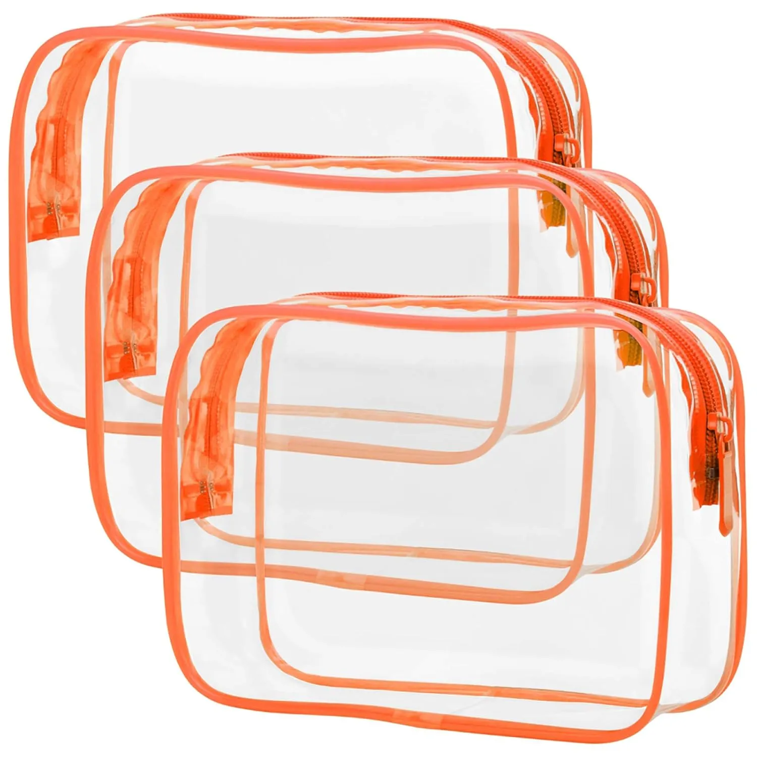PACKISM Clear Makeup Bag with Zipper, 3 Pack TSA Approved Toiletry Bag, Beauty Cosmetic Bag, Quart Size Travel Bag, Carry-on Airport Airline Compliant Bag, Orange