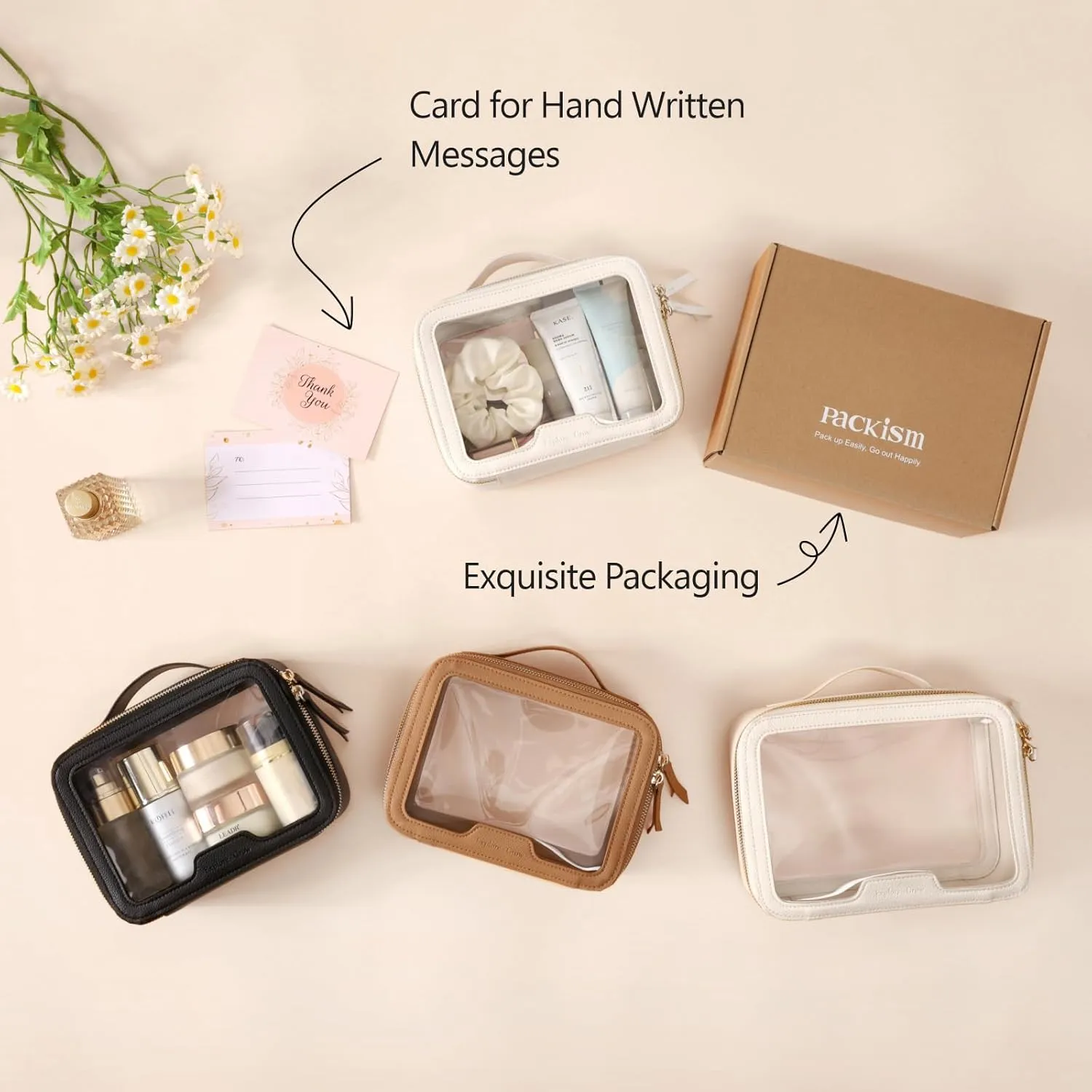PACKISM Medium Clear Makeup Bag - Pebbled Texture & Hard PU Leather Car Bag for Organizing Car Consoles, with Message Card Clear Cosmetic Makeup Case for Women Gift (Khaki Medium)