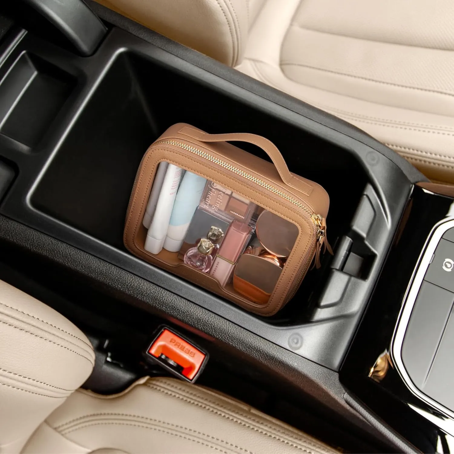 PACKISM Medium Clear Makeup Bag - Pebbled Texture & Hard PU Leather Car Bag for Organizing Car Consoles, with Message Card Clear Cosmetic Makeup Case for Women Gift (Khaki Medium)