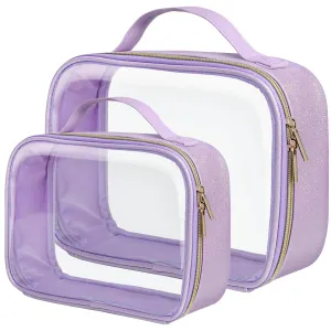 PACKISM TSA Approved Toiletry Bag - Glitter Textured Clear Travel Bag, Personalized and Fashion, with 180° Large Opening and Supporting Frame, Perfect for Travel Essentials, Thick No Smell, Purple