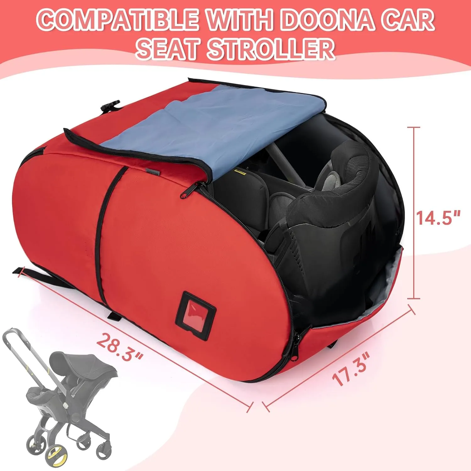 Padded Car Seat Travel Bag Compatible with Doona, Infant Car Seat Travel Bag, Foldable Car Seat Stroller Gate Check Bag for Airplane (Red)