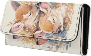Painting Deer Print Slim Card Wallets for Women Watercolor Animal Deer Printed Leather Long Wallet Trifold Zipper Pocket, White Slim Leather Wallet with ID Window