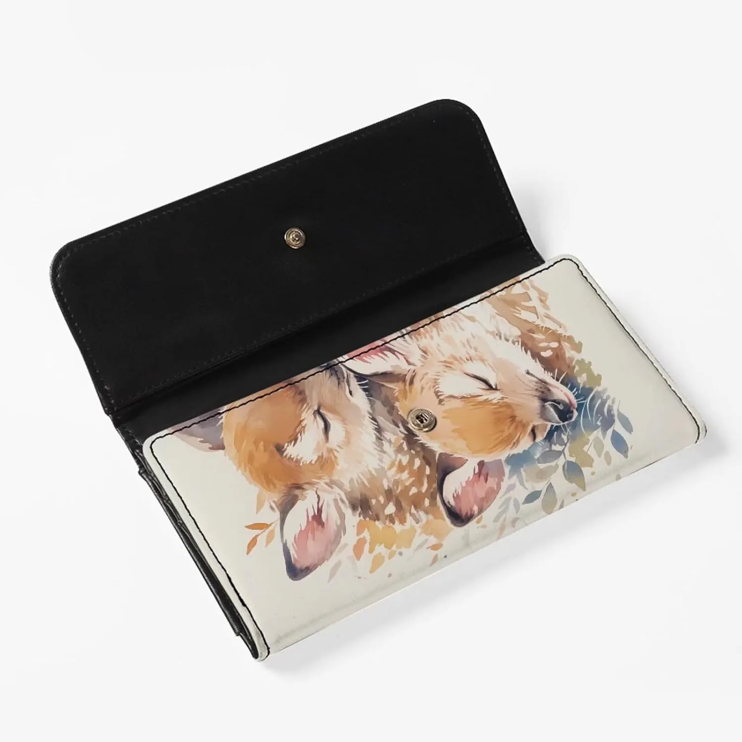Painting Deer Print Slim Card Wallets for Women Watercolor Animal Deer Printed Leather Long Wallet Trifold Zipper Pocket, White Slim Leather Wallet with ID Window