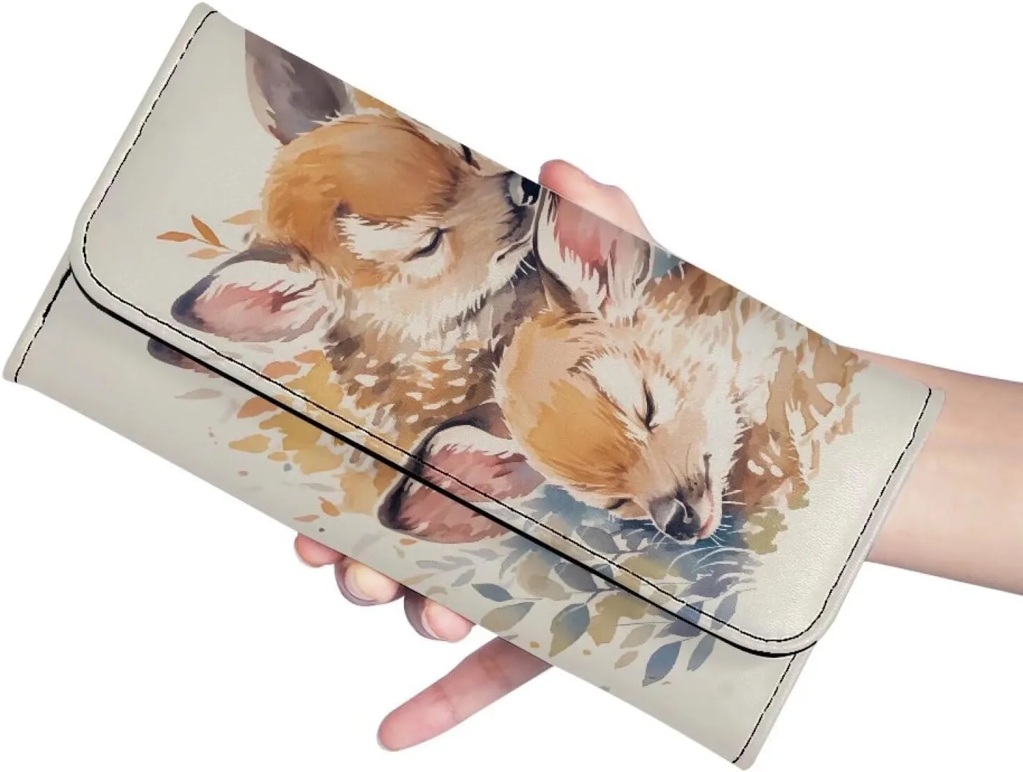 Painting Deer Print Slim Card Wallets for Women Watercolor Animal Deer Printed Leather Long Wallet Trifold Zipper Pocket, White Slim Leather Wallet with ID Window
