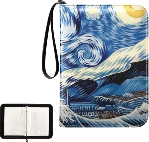 Painting Wave Night Card Binder 4-Pocket, 400 Pockets Trading Cards Holder Games Card Albums Storage Organizer Case for Football, Baseball Cards