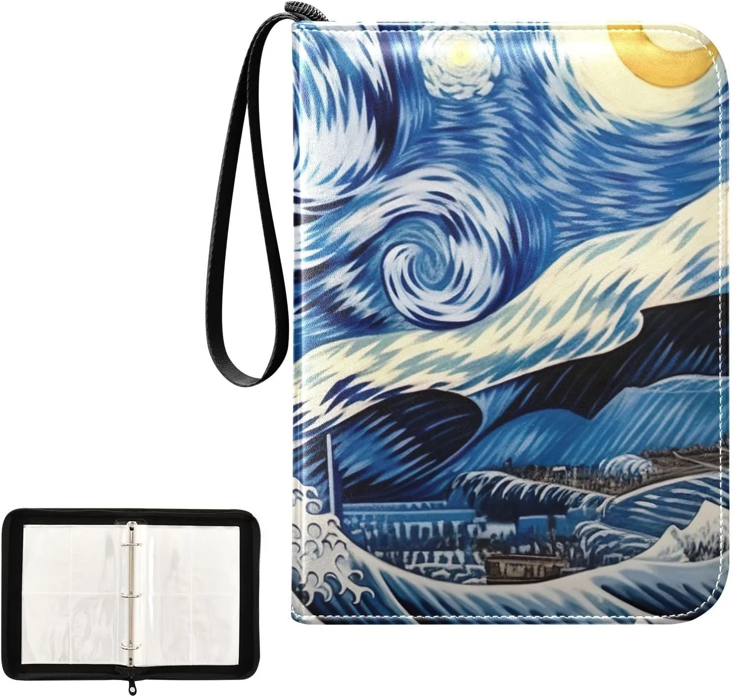 Painting Wave Night Card Binder 4-Pocket, 400 Pockets Trading Cards Holder Games Card Albums Storage Organizer Case for Football, Baseball Cards