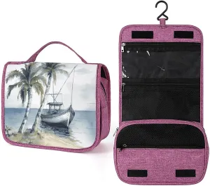 Palm Trees Fishing Boat Travel Toiletry Bag for Women,Hanging Toiletry Organizer with Hook, Makeup Bag Travel Organizer for Shampoo,Toiletriesl