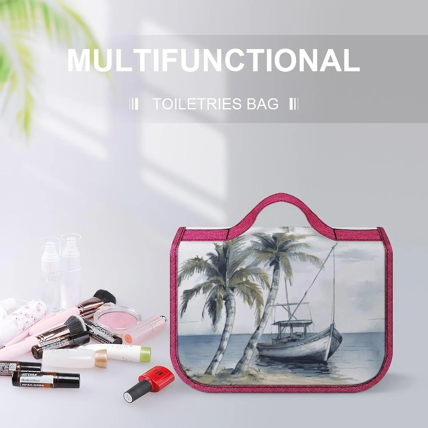 Palm Trees Fishing Boat Travel Toiletry Bag for Women,Hanging Toiletry Organizer with Hook, Makeup Bag Travel Organizer for Shampoo,Toiletriesl