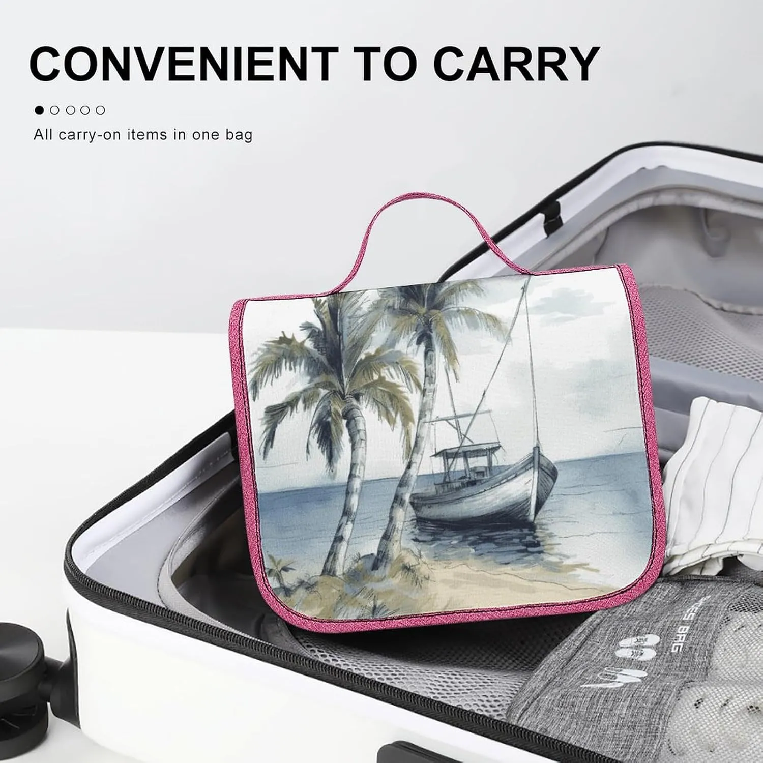 Palm Trees Fishing Boat Travel Toiletry Bag for Women,Hanging Toiletry Organizer with Hook, Makeup Bag Travel Organizer for Shampoo,Toiletriesl