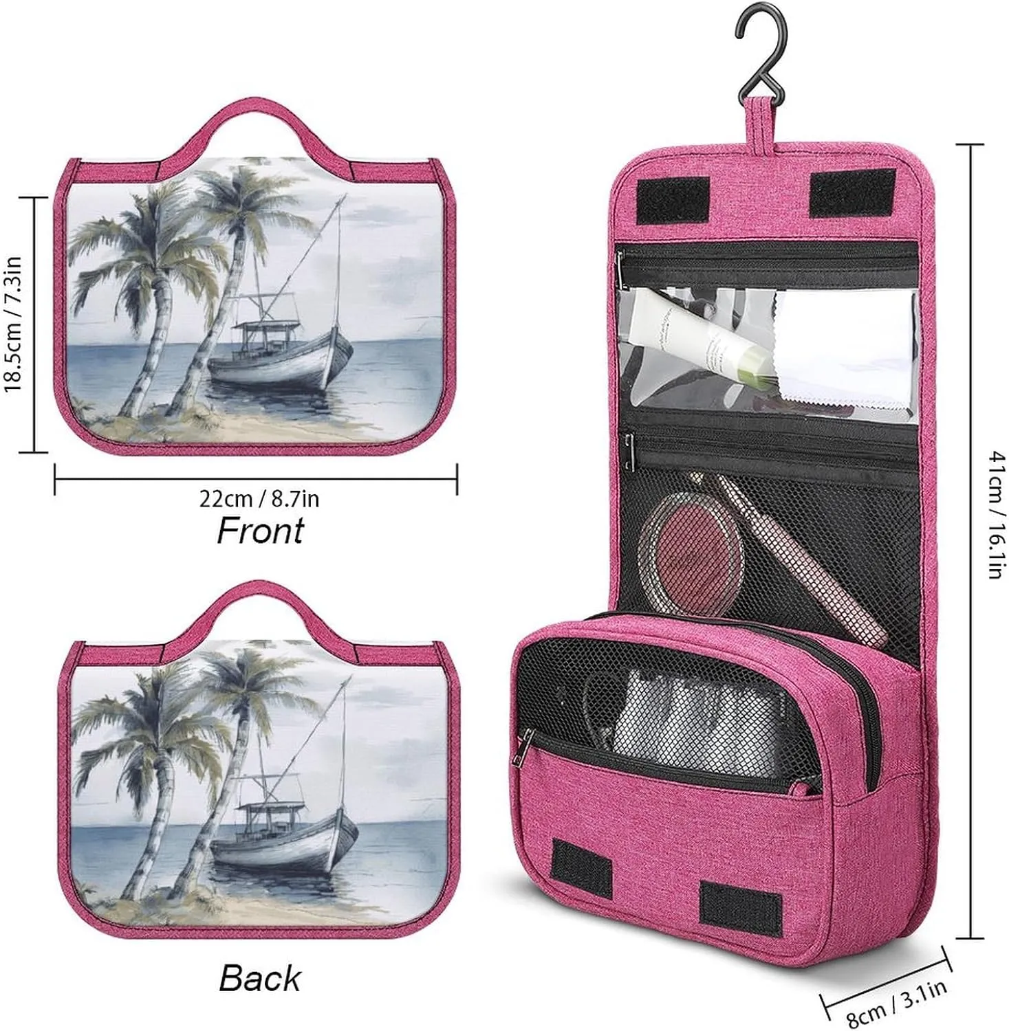 Palm Trees Fishing Boat Travel Toiletry Bag for Women,Hanging Toiletry Organizer with Hook, Makeup Bag Travel Organizer for Shampoo,Toiletriesl