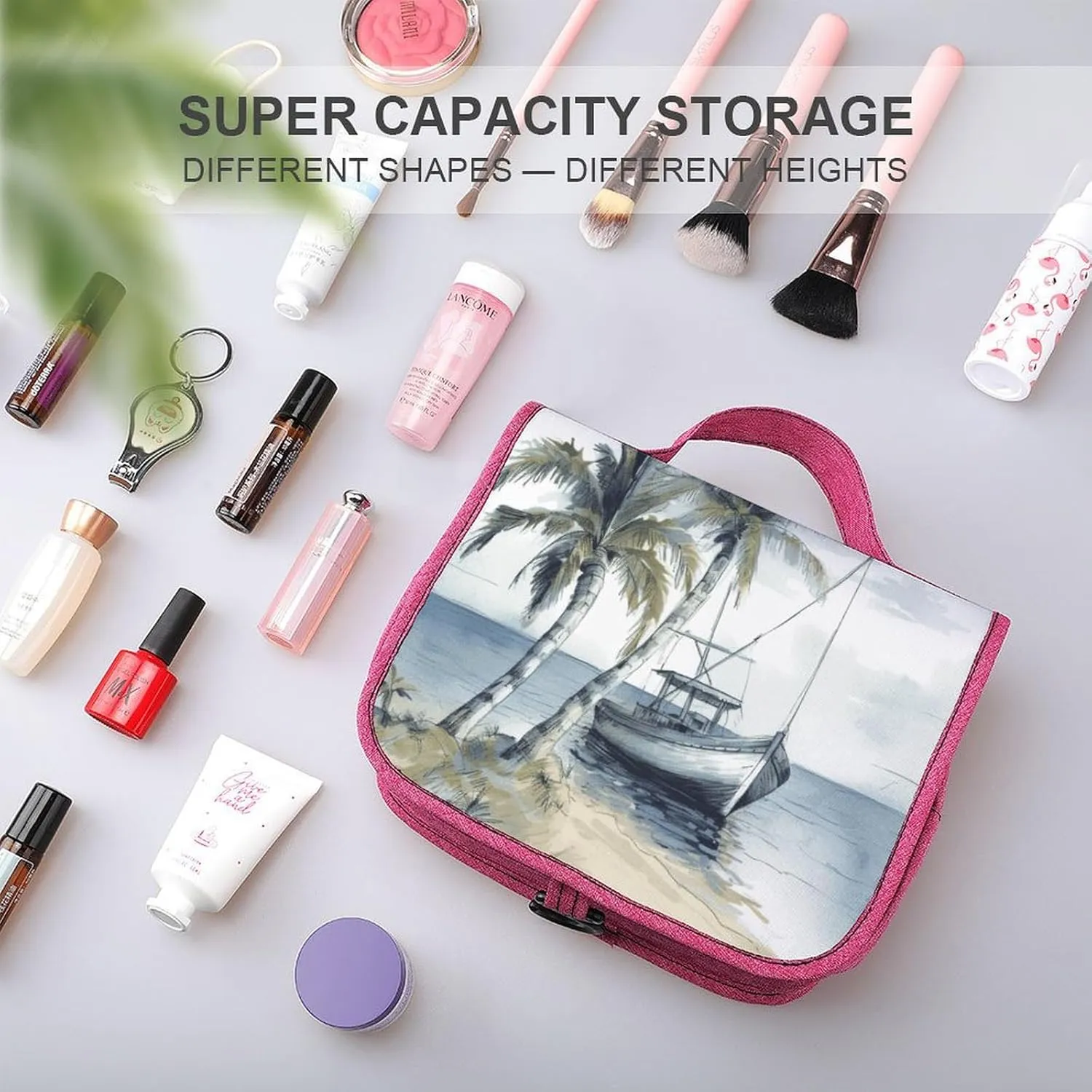 Palm Trees Fishing Boat Travel Toiletry Bag for Women,Hanging Toiletry Organizer with Hook, Makeup Bag Travel Organizer for Shampoo,Toiletriesl