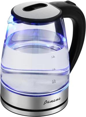 Panana Electric Kettle, 1.8L Glass Kettles with Blue LED, 1200W, Built-In Mesh Filter, Fast Boil, Easy to Clean, Boil-Dry Protection, BPA Free