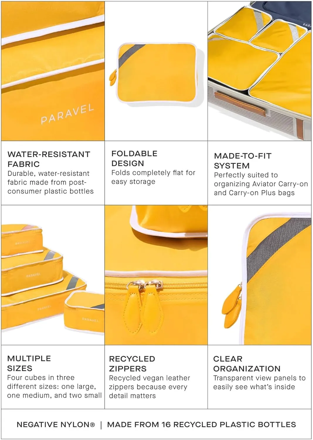 Paravel Packing Cube Quads | Luggage Organizer for Travel Accessories, Shoes, Toiletries, Laundry | 4 Pack Storage Cubes in Various Sizes | Canyon Yellow