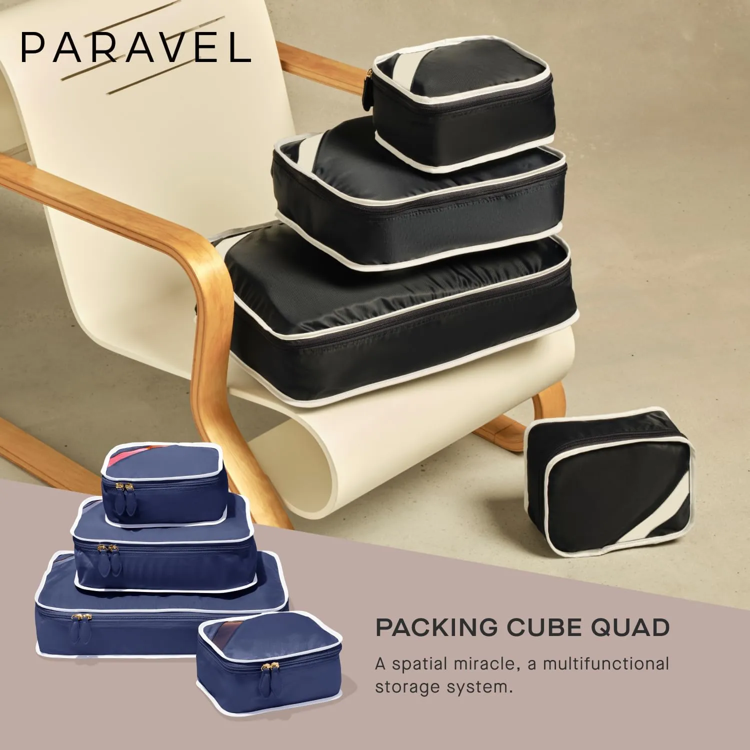 Paravel Packing Cube Quads | Luggage Organizer for Travel Accessories, Shoes, Toiletries, Laundry | 4 Pack Storage Cubes in Various Sizes | Glacial Blue