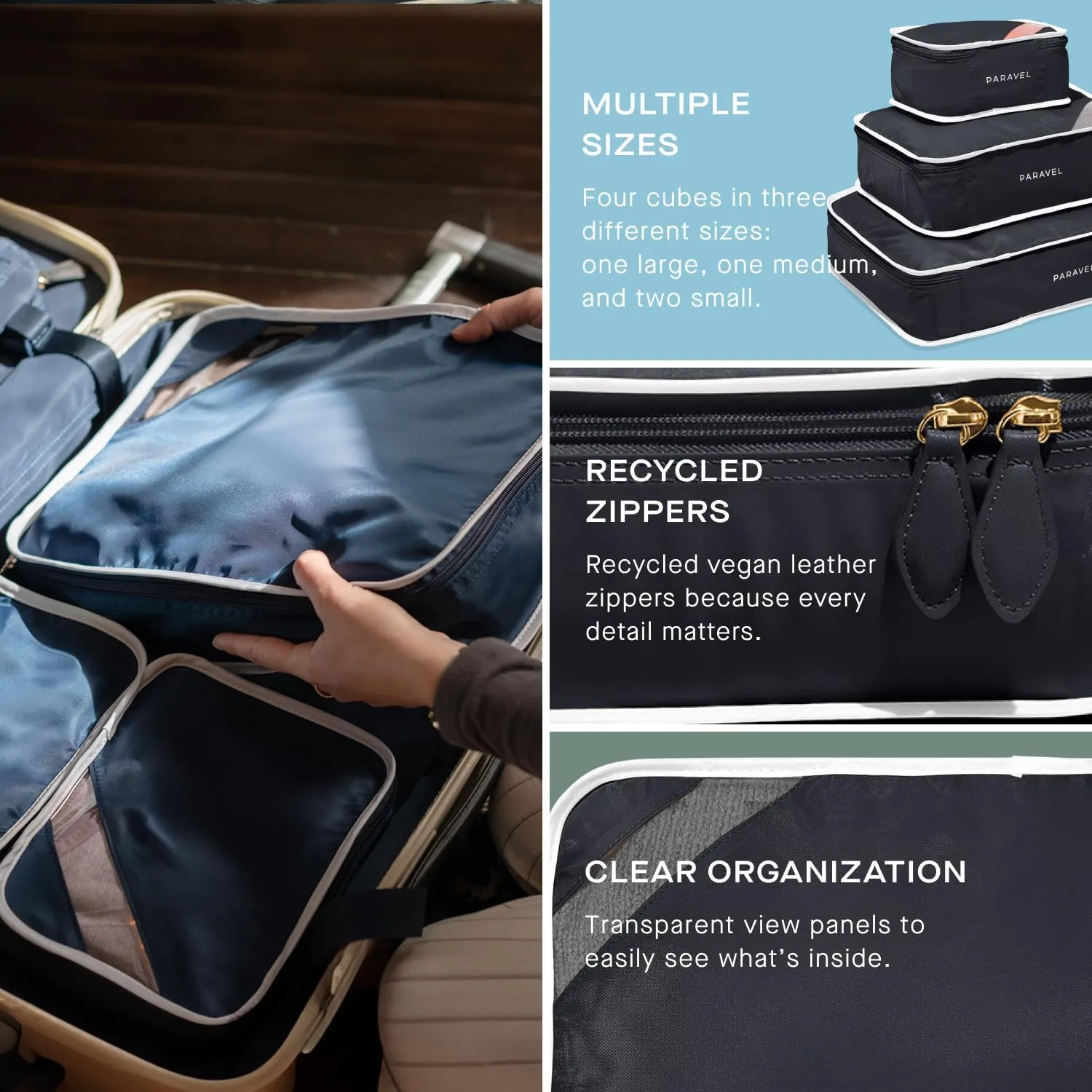 Paravel Packing Cube Quads | Luggage Organizer for Travel Accessories, Shoes, Toiletries, Laundry | 4 Pack Storage Cubes in Various Sizes | Glacial Blue