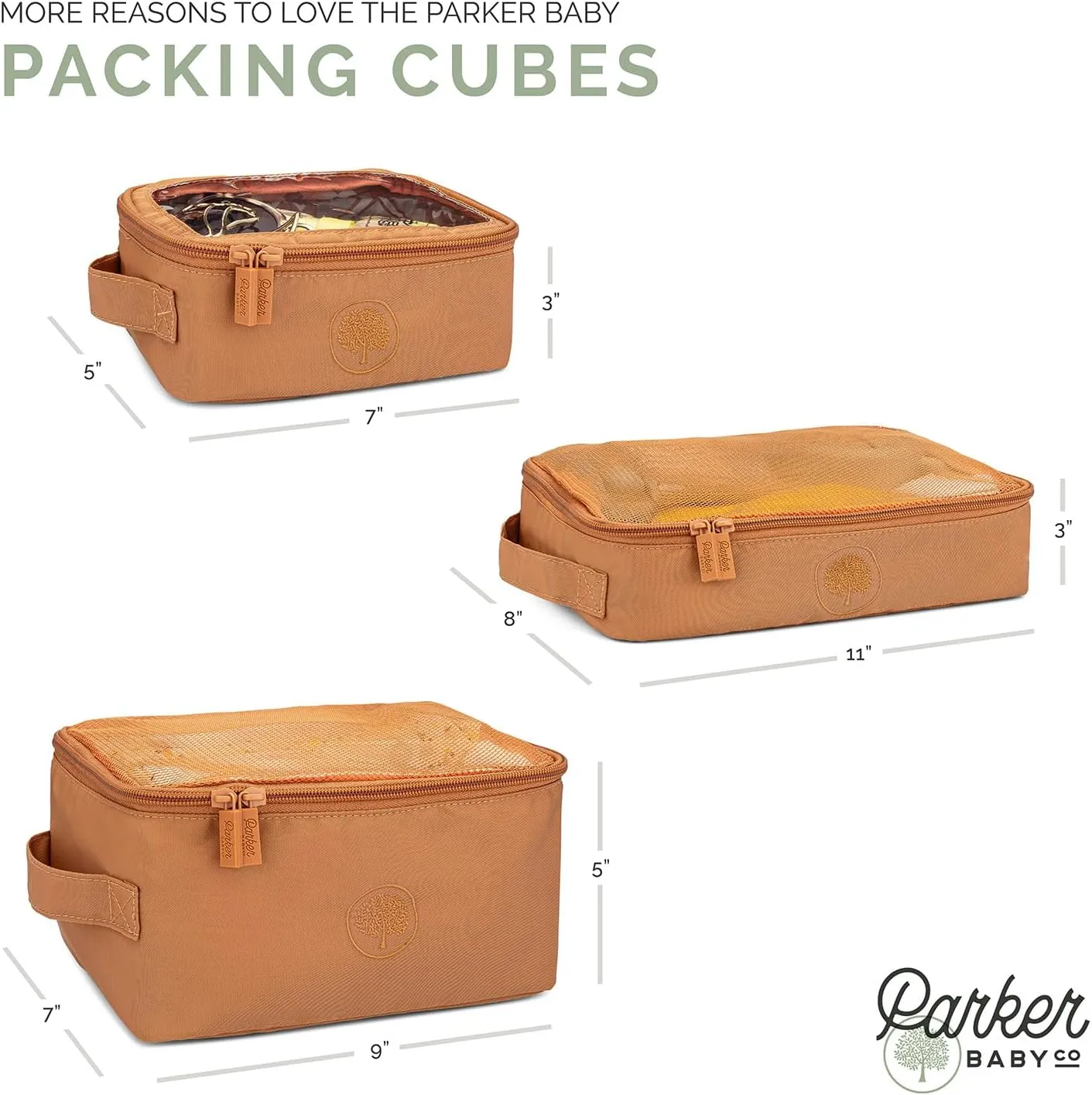 Parker Baby Co. Lightweight Packing Cube Set 3-Pack | Collapsible, Durable, Mesh & Clear Top | Travel Organizer for Diaper Bags, Luggage - Camel/Desert Star