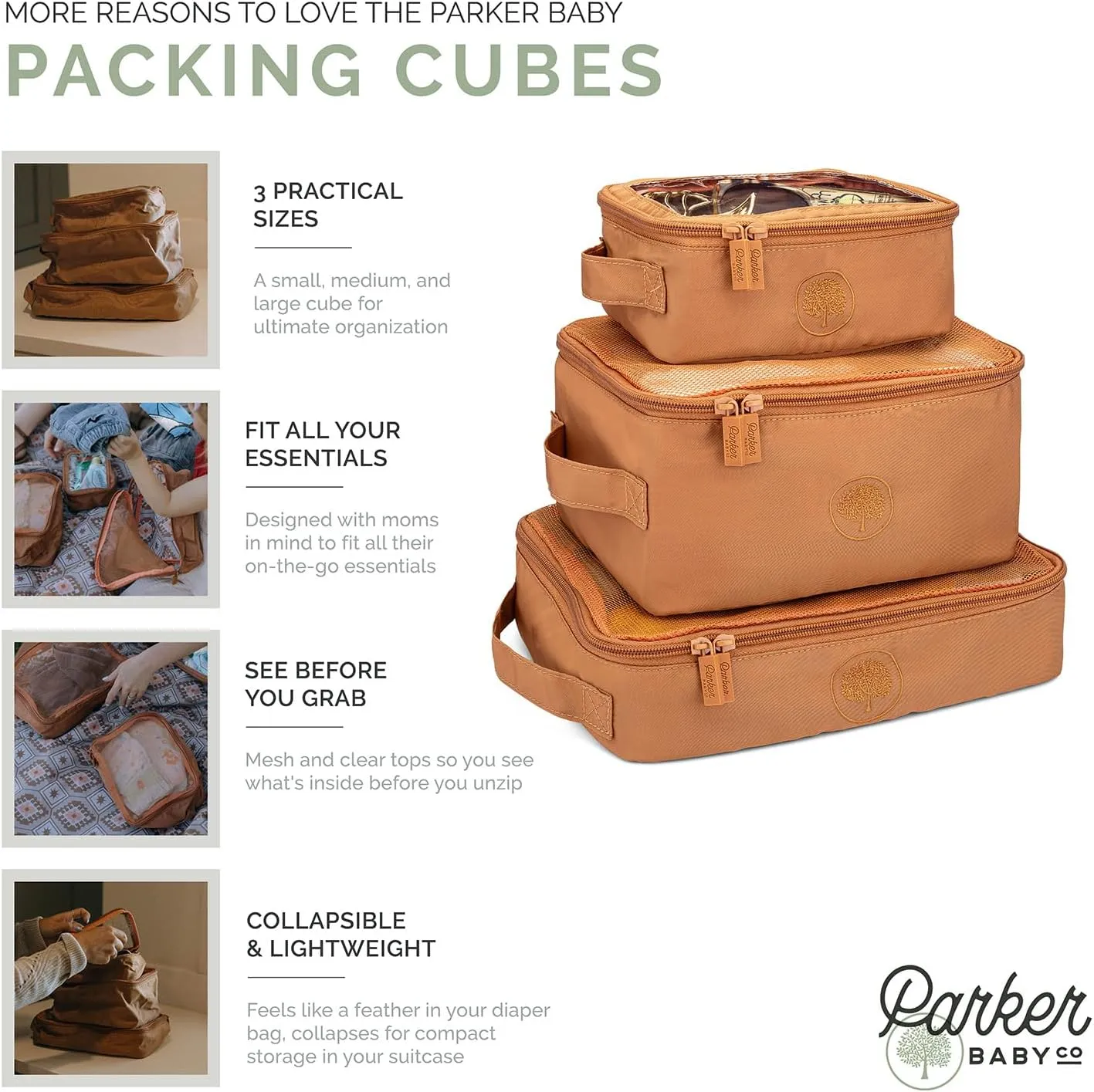 Parker Baby Co. Lightweight Packing Cube Set 3-Pack | Collapsible, Durable, Mesh & Clear Top | Travel Organizer for Diaper Bags, Luggage - Camel/Desert Star